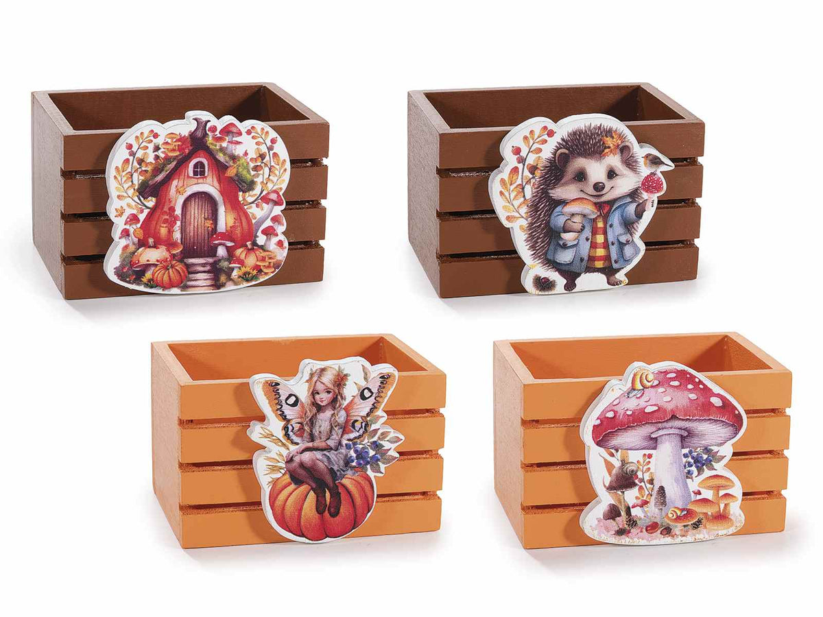 Cestini in legno colorato a staccionata con decori autunnali funghetto / zucca, set da 16 pezzi, cm 8,5 x 6 x 6 H