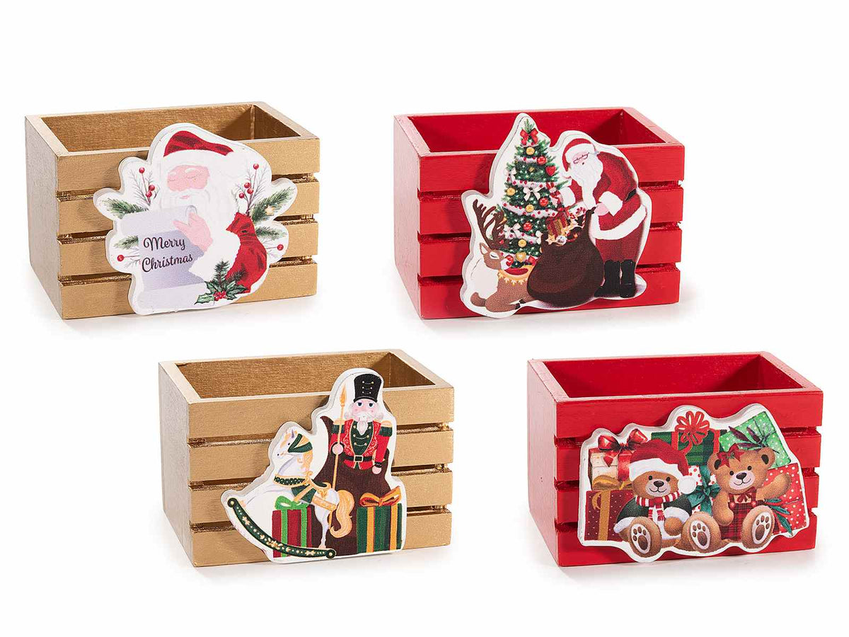 Cestini / cassetta di Natale in legno colorato a staccionata con decoro, set da 16 pezzi, cm 8,5 x 6 x 6,5 H