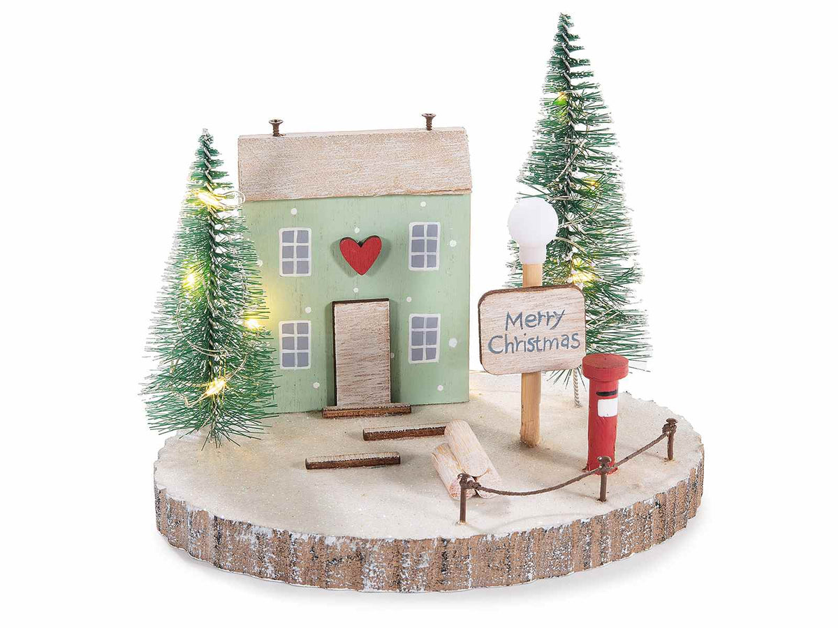 Decorazione di Natale in legno su corteccia con casetta, alberi, scritta Merry, set da 4 pezzi, cm 16 x 12 x 13,5 H