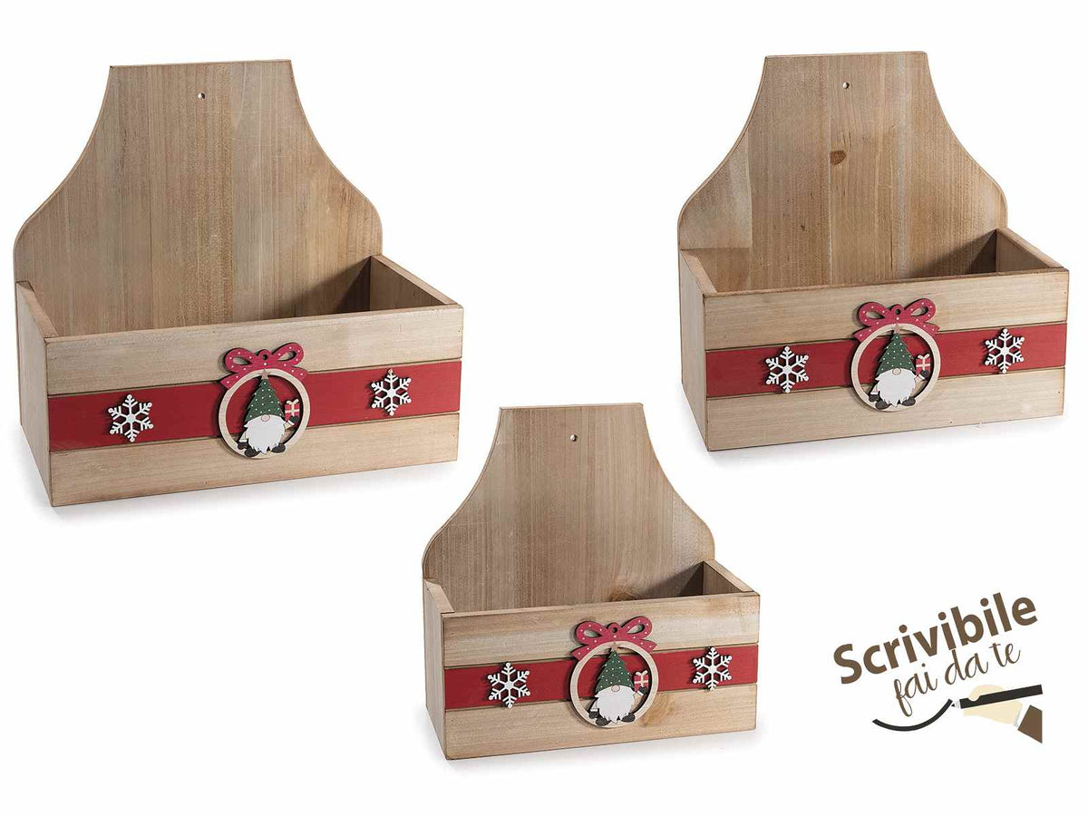 Contenitori a cestino di Natale in legno con decori natalizi in rilievo, set da 2 pezzi, Grande: cm 28 x 15,5 x 26 H