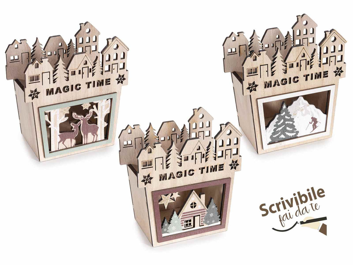 Cestini a contenitore di Natale in legno con intagli villaggio natalizio, set da 6 pezzi, cm 13 x 8 x 14,5 H