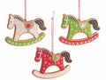 Addobbi albero di Natale a cavalluccio a dondolo in legno e panno colorato, set da 18 pezzi, cm 11 x 9 H