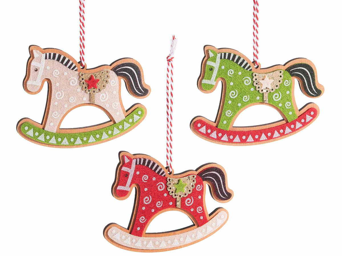 Addobbi albero di Natale a cavalluccio a dondolo in legno e panno colorato, set da 18 pezzi, cm 11 x 9 H