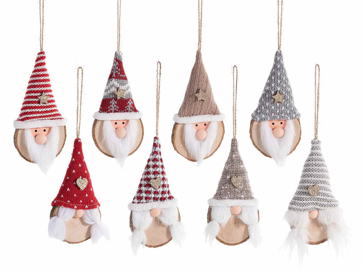 Addobbo a gnometto in legno con cappello in stoffa da appendere all'albero, set da 16 pezzi, cm 7 x 14 H