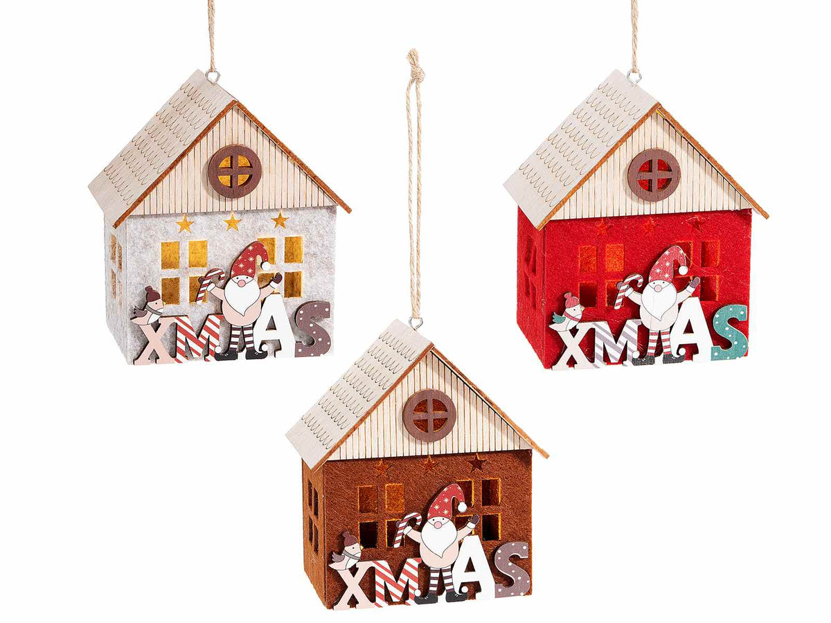 Decorazioni a casetta natalizia in legno e panno con scritta Xmas, gnometto, set da 6 pezzi, cm 10,5 x 7,5 x 12 H