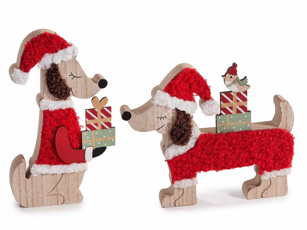 Decorazione di Natale a cagnolino in legno con pacchetti regalo, abito Babbo Natale e orecchie in morbido eco fur, set da 8 pezzi, cm 10,5 x 2 x 17,5