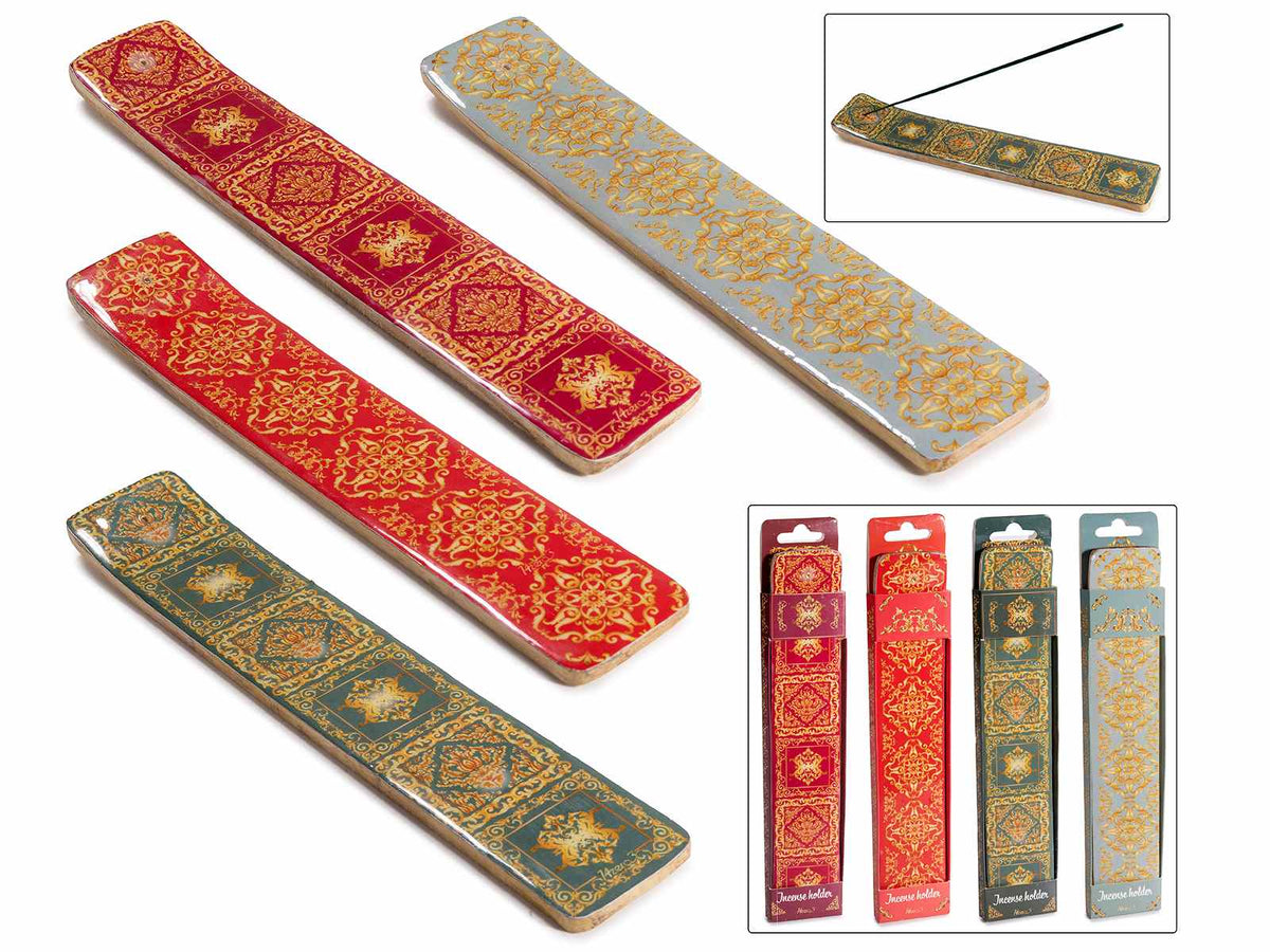 Portaincenso in legno di mango a barchetta con decorazioni colorate, set da 8 pezzi, cm 5 x 26 H