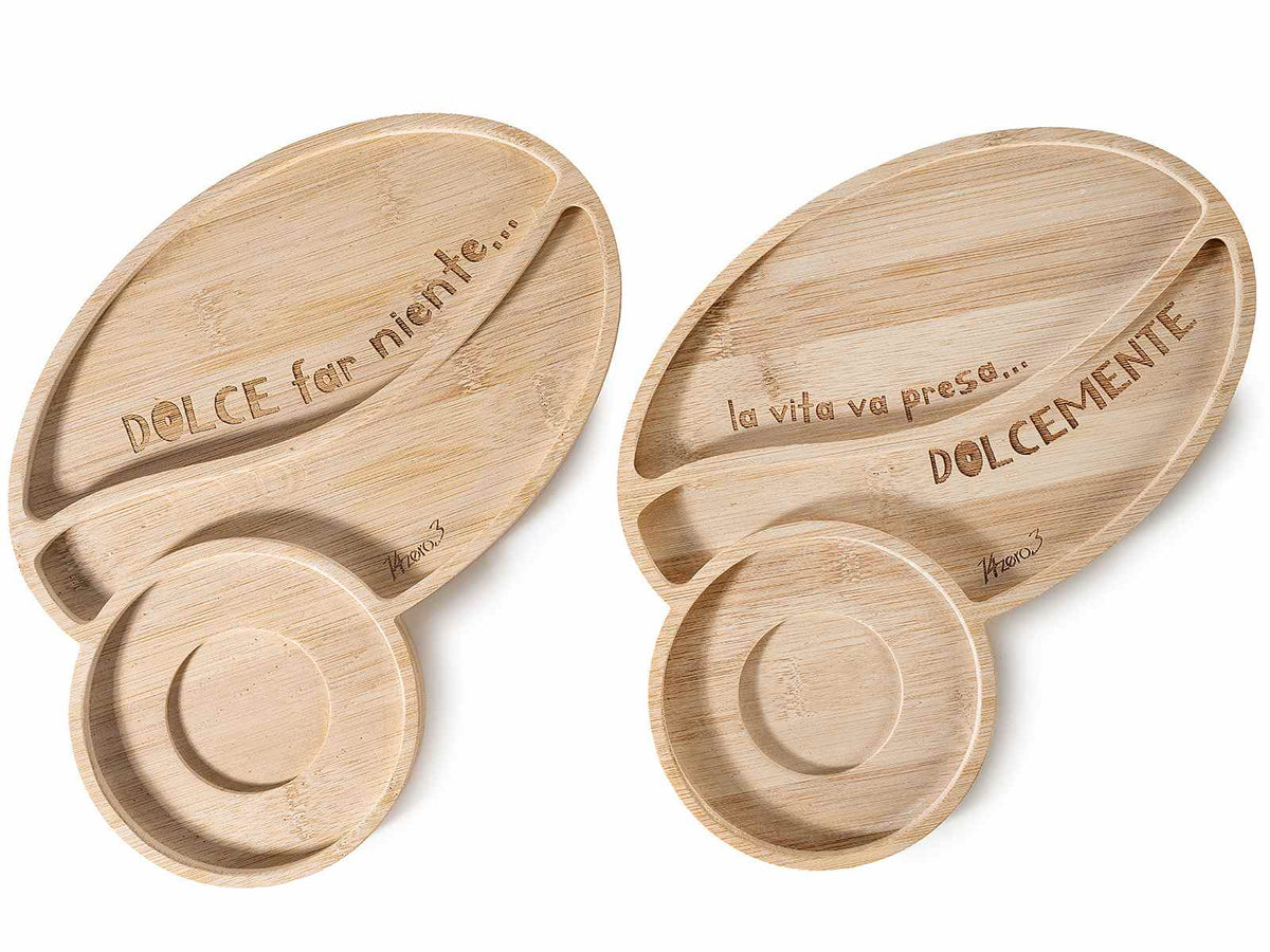 Vassoi in legno con piattino a forma di chicco di caffè e due scomparti, set da 4 pezzi, cm 28 x 22 H