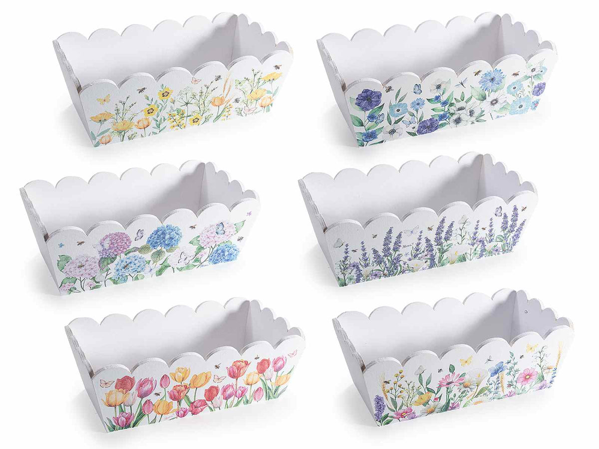 Cestini a cassetta in legno bianco con bordi sagomati e stampa floreale colorata, set da 6 pezzi, cm 22 x 12 x 7,5 H