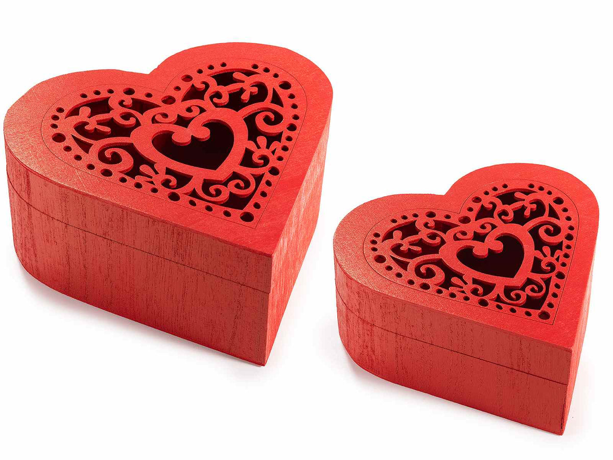 Scatole a forma di cuore in legno con intagli e chiusura a calamita, ideali, set da 2 pezzi, Grande: cm 19,5x18,5x8,5 H