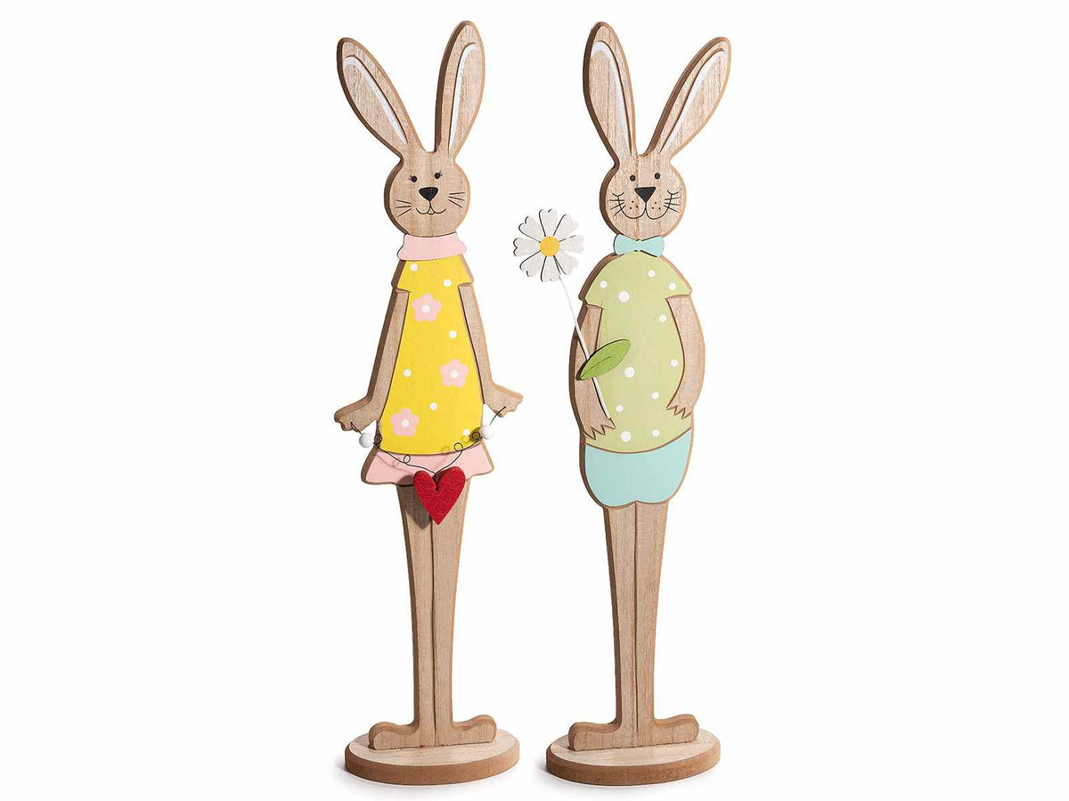 Coppia di conigli pasquali in legno colorato con decoro a fiore e cuore, set da 4 pezzi, cm 15,5 x 8,5 x 60 H