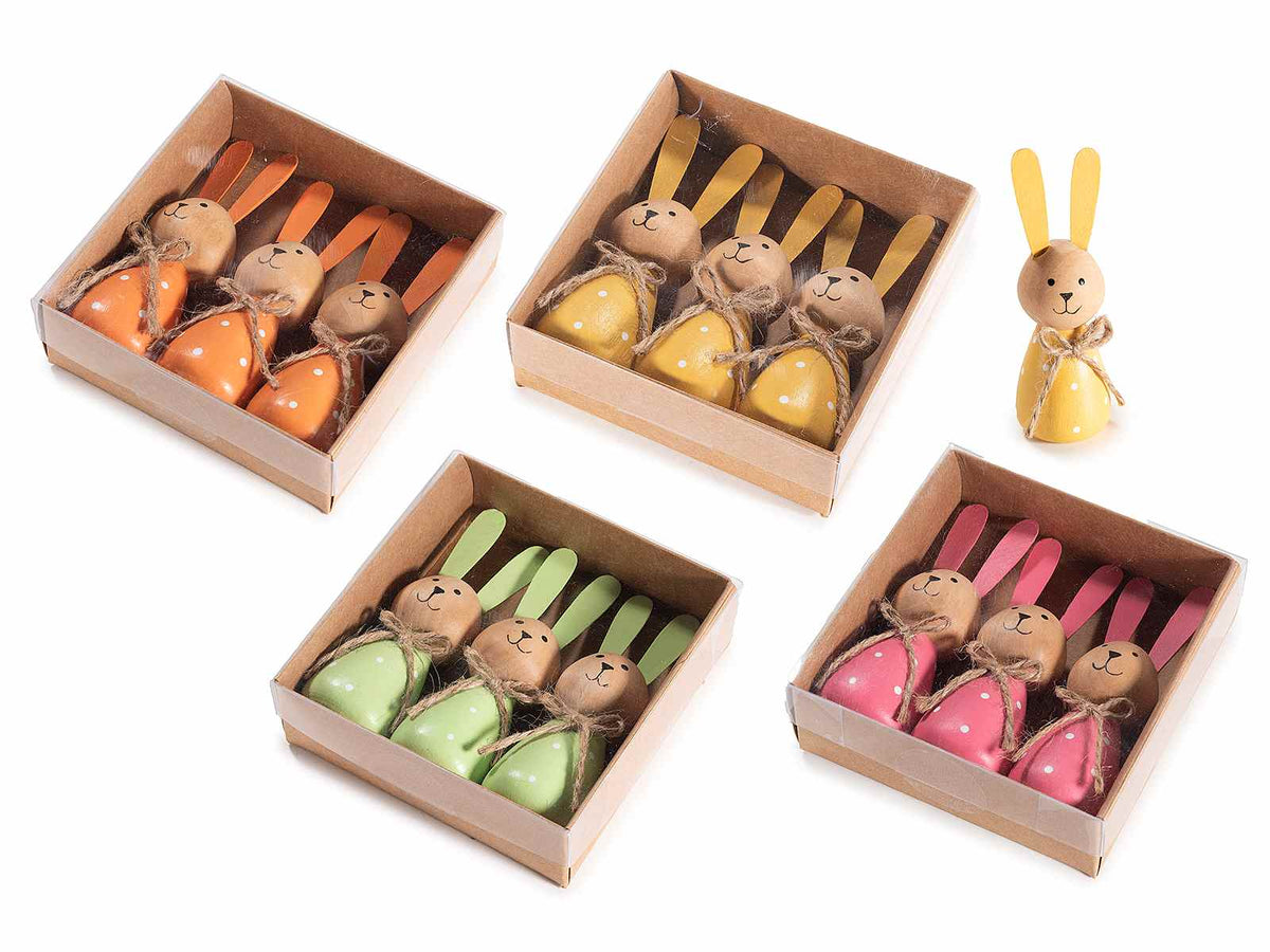 Coniglietti decorativi in legno colorato con nastrino in scatola da 3 pezzi, set da 4 pezzi, Ø 3,5 cm x 9,5 H