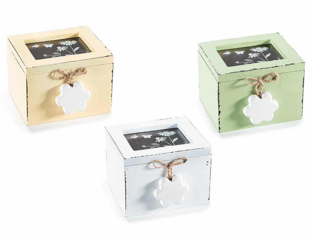 Scatole per tè e spezie in legno e vetro trasparente decorato con pendente, set da 6 pezzi, cm 10 x 9,5 x 7 H