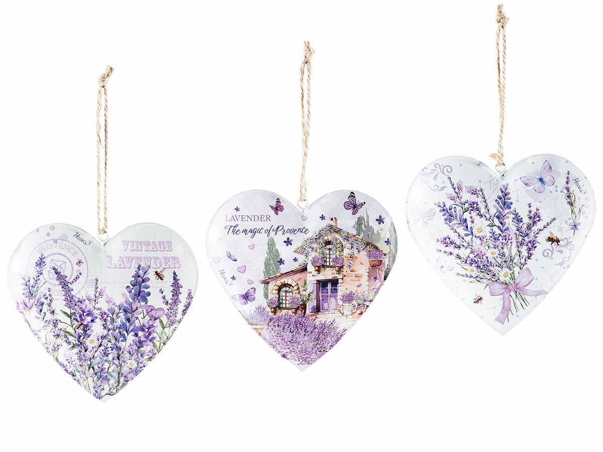 Cuori decorativi in metallo con stampa lavanda e cordino per appendere, set da 12 pezzi, cm 10 x 10 H
