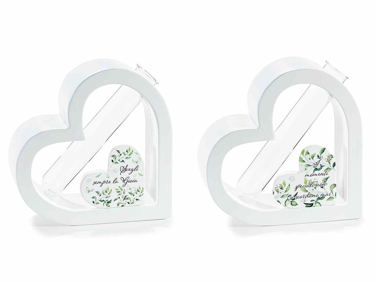 Cuori in legno con decorazione e provetta portaconfetti in vetro, set da 6 pezzi, cm 12 x 3,5 x 12 H