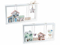 Paesaggio primaverile in legno con casette e 2 provette per confetti in vetro, set da 4 pezzi, cm 25 x 4 x 13,5 H