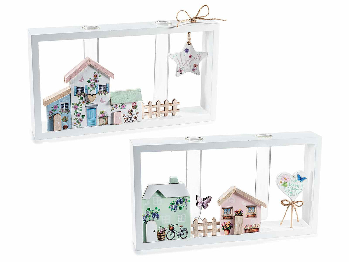 Paesaggio primaverile in legno con casette e 2 provette per confetti in vetro, set da 4 pezzi, cm 25 x 4 x 13,5 H