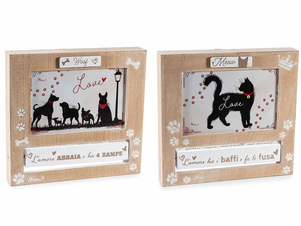 Cornice portafoto in legno con decori cani / gatti e scritta decorativa girevole, set da 4 pezzi, cm 19,5 x 3,5 x 18,5 H