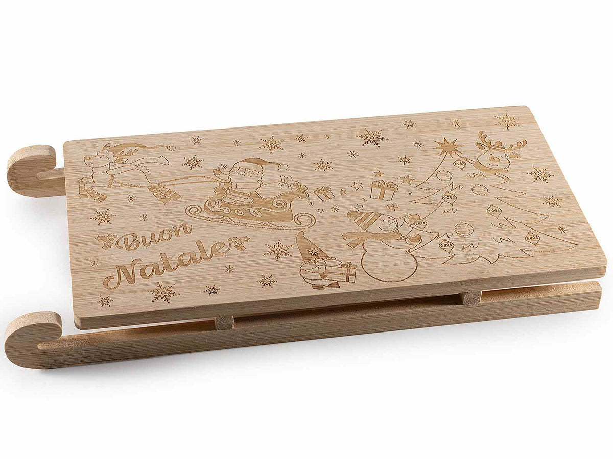 Taglieri in legno a forma di slitta con incisioni natalizie e scritta Buon, set da 4 pezzi
