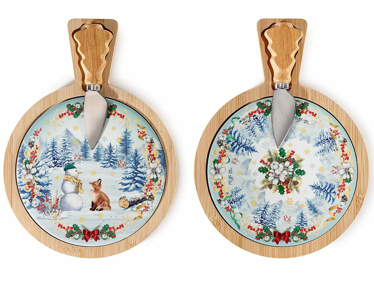 Set tagliere / set aperitivo in legno e ceramica con stampa natalizia, set da 4 pezzi