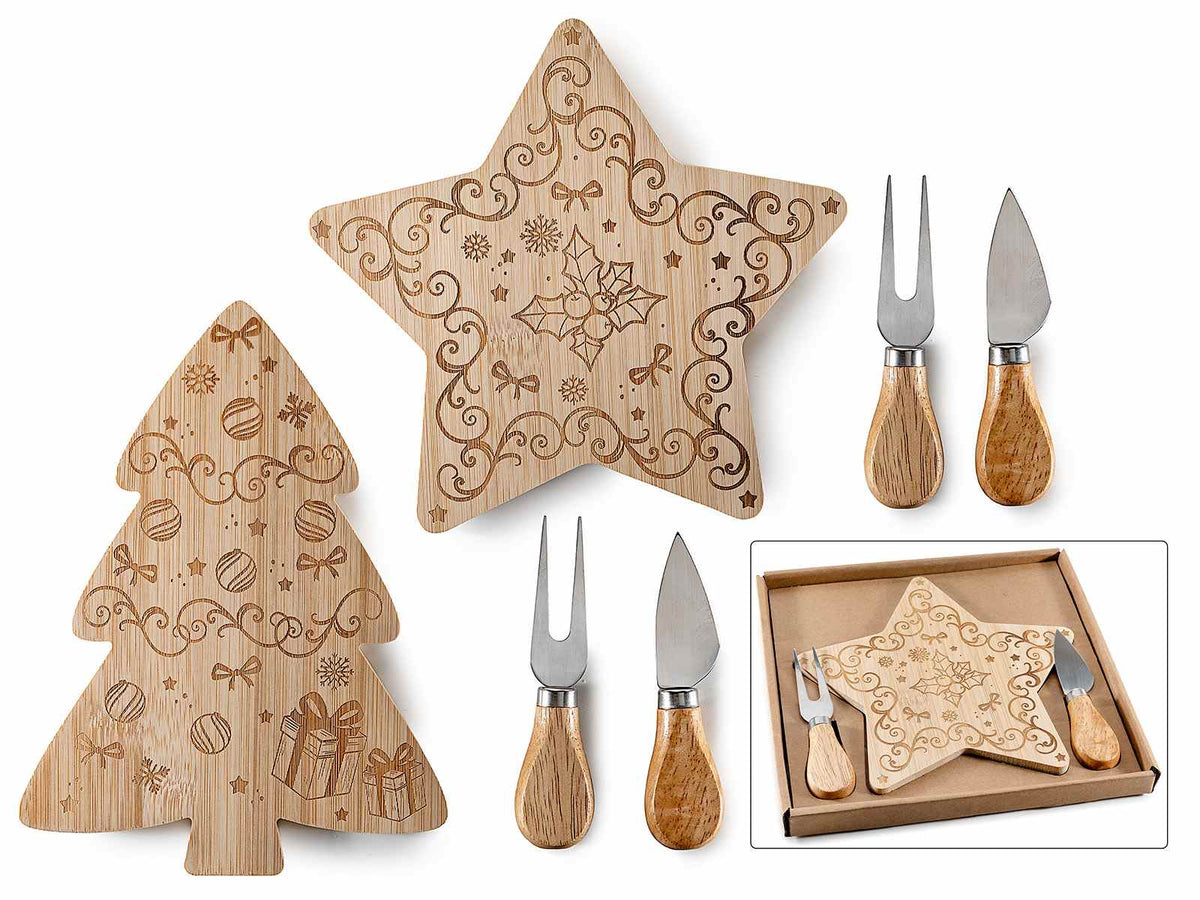 Set formaggio con tagliere / set aperitivo in legno a forma di albero e stella, set da 4 pezzi, Pino: cm 16 x 21,5 H