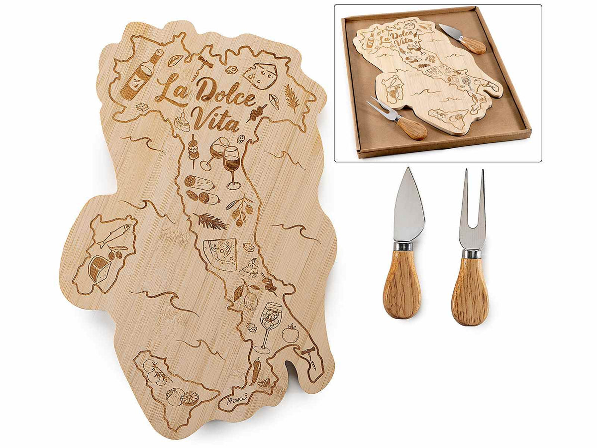Tagliere / set formaggio / aperitivo in legno con sagoma Italia, intagli, set da 2 pezzi, Tagliere: cm 22 x 32,5 H