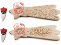Set aperitivo / tagliere in legno a sagoma di stella cometa con decori incisi, coppetta in vetro e coltello da formaggio con decoro a stella, set da 4
