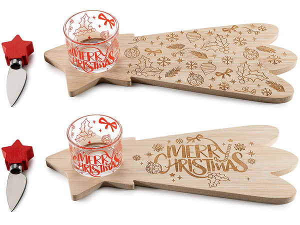 Set di 4 set aperitivo / tagliere in legno a sagoma di stella cometa con decori incisi, coppetta in vetro e coltello da formaggio con decoro a stella, Tagliere: cm 32,5 x 14 H