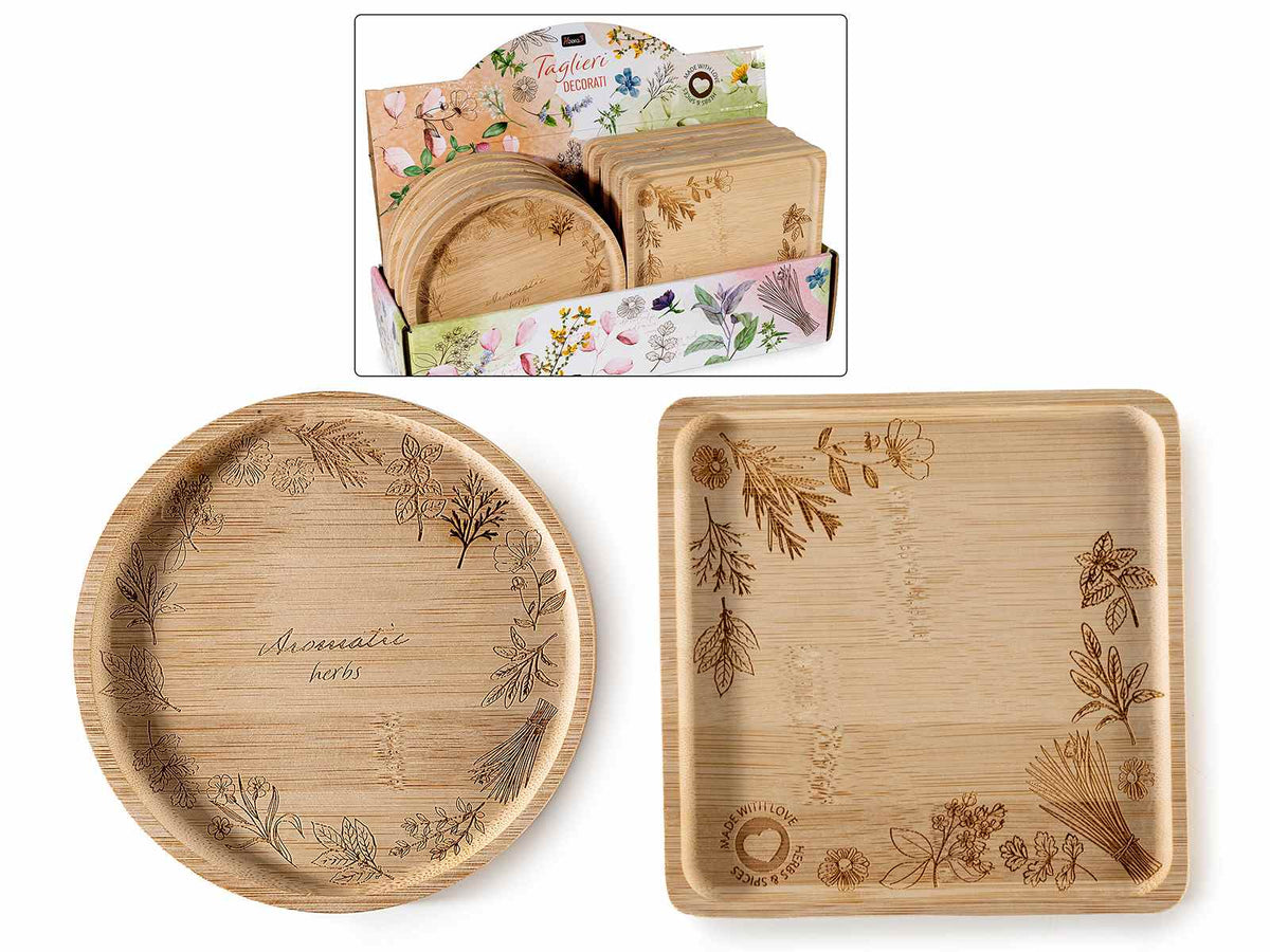 Piattini / vassoi in legno con decori botanici incisi in esposiotre da 12 pezzi, set da 12 pezzi, cm 15 x 15 H