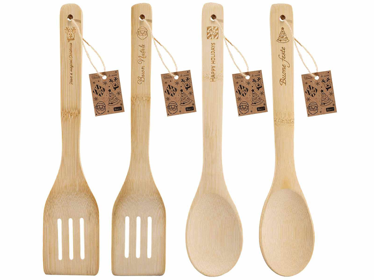 Utensili da cucina in legno di bamboo con scritte natalizie incise, set da 20 pezzi, Utensile: cm 6 x 30 H