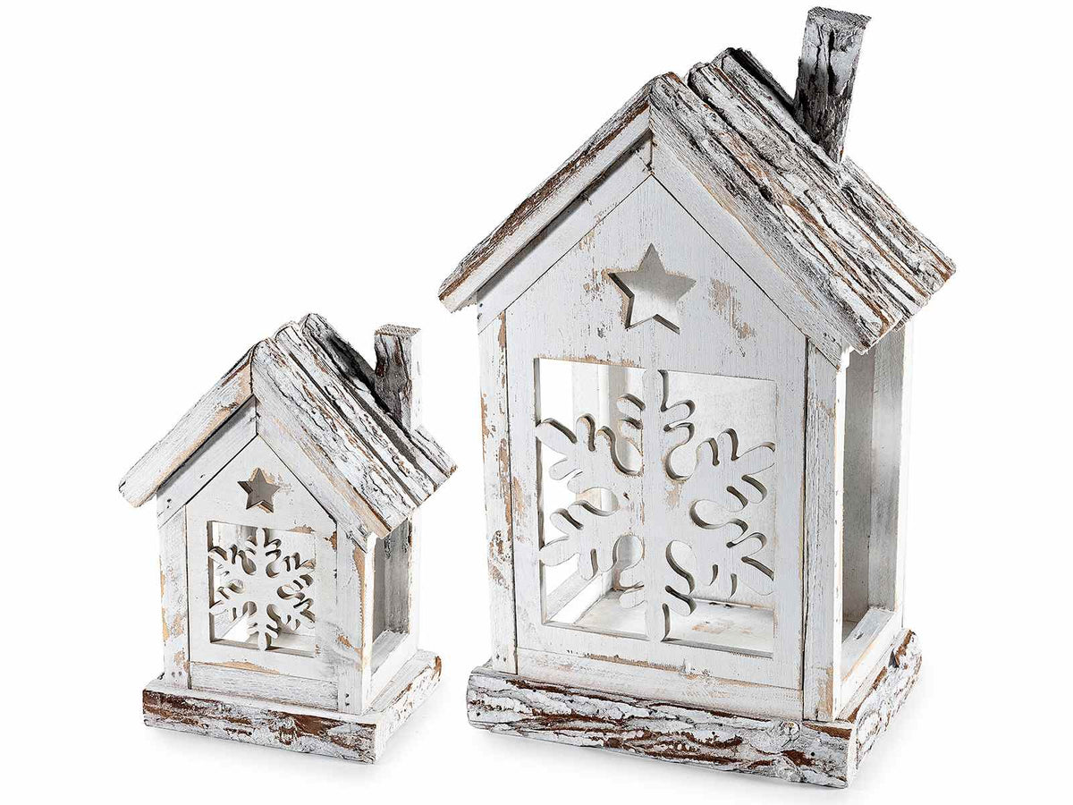 Lanterne in legno naturale bianco con decori sagomati a stellina e fiocco, Grande: cm 22 x 14 x 35 H
