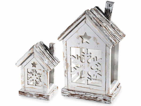 Lanterne in legno naturale bianco con decori sagomati a stellina e fiocco, Grande: cm 22 x 14 x 35 H