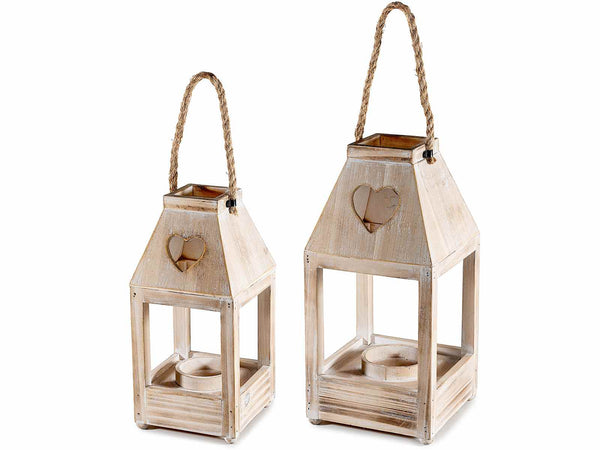 Lanterne in legno con intaglio a cuore e corda da appendere, in set da due pezzi, Grande: cm 17 x 17 x 36 H