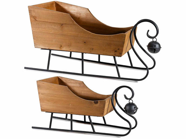 Slitte decorative in legno con base in metallo nera staccabile e campanella, in set da due pezzi. Ideale per allestimenti natalizi e vetrine a tema, Grande: cm 61 x 25,5 x 30,5