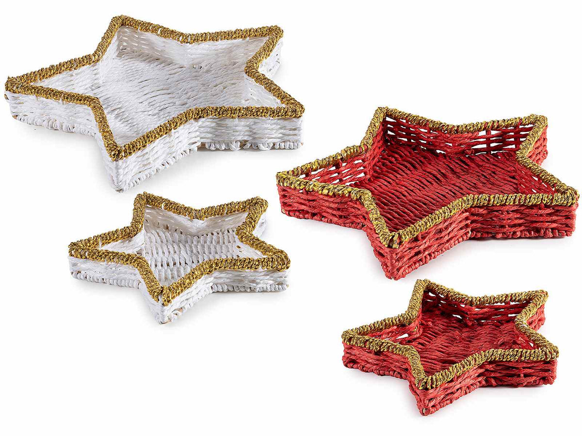 Cestini in carta intrecciata a stella colorata con bordi dorati, in set da due, set da 2 pezzi, Grande: cm 35 x 33 x 5 H