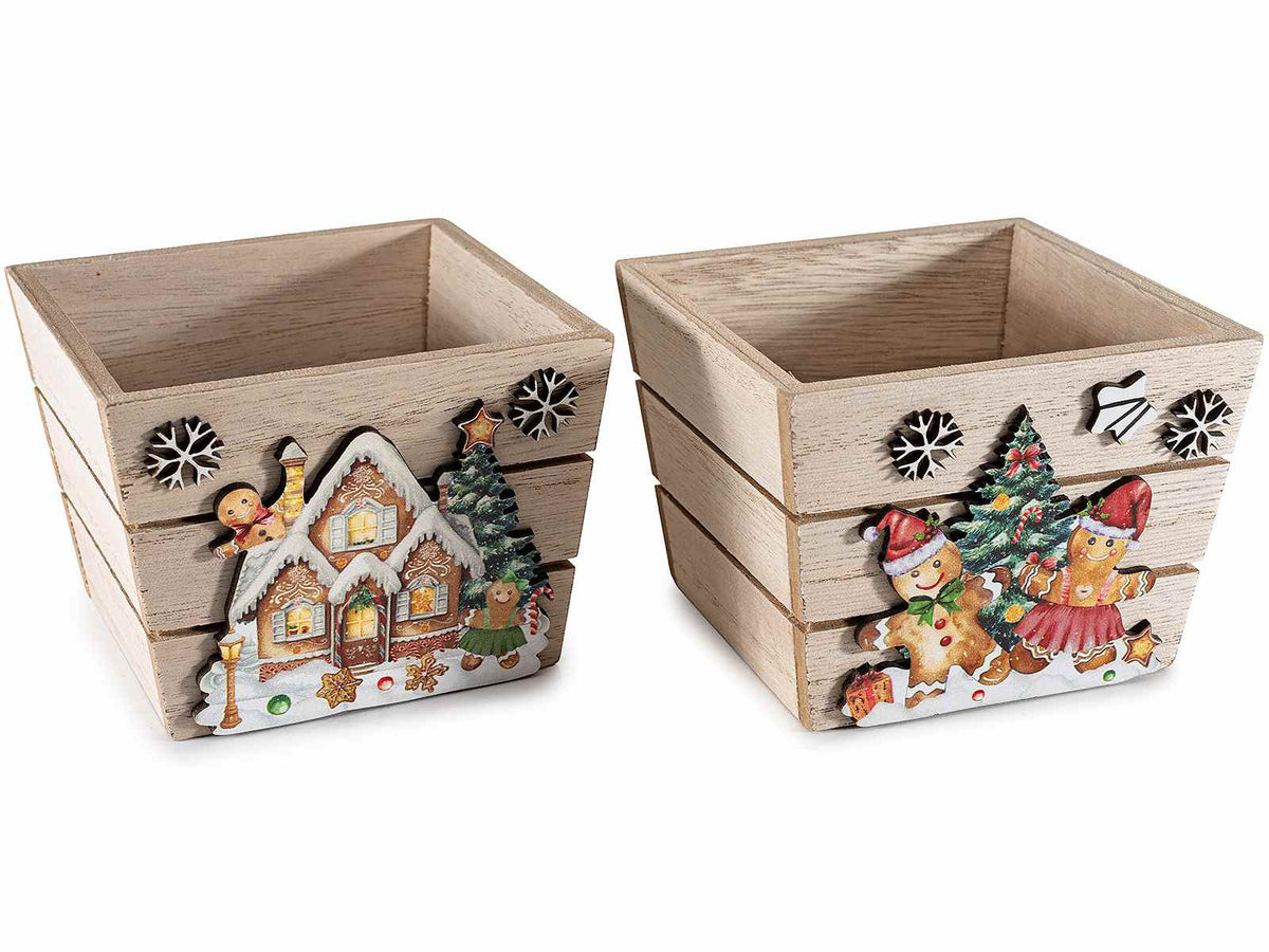 Cassette natalizie in legno con decori in rilievo e stampa biscottini, set da 8 pezzi, cm 10 x 10 x 7,5 H