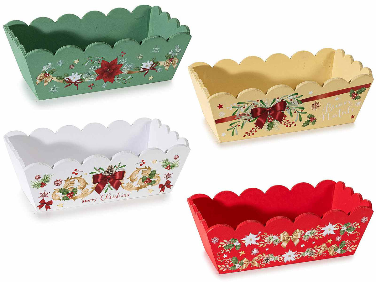 Cestini / cassette in legno colorate con stampa natalizia e bordi sagomati, set da 4 pezzi, cm 21,5 x 12 x 7 H