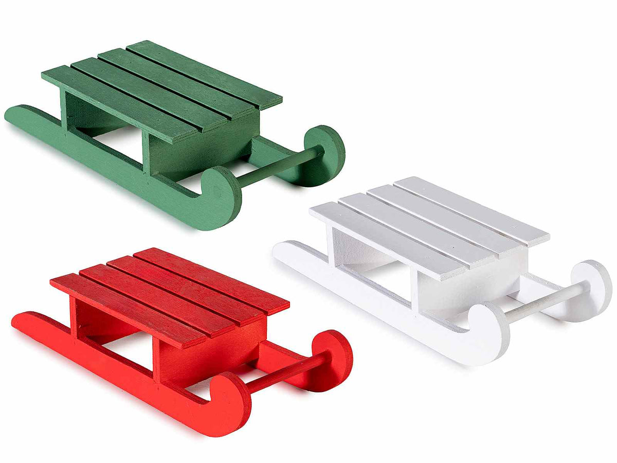 Slitte di Natale decorative in legno colorato, set da 6 pezzi, cm 21,5 x 8 x 4,5 H