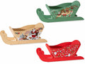 Cestini / cassette in legno colorate a forma di slitta con stampa natalizia, set da 3 pezzi, cm 29 x 13,5 x 12 H