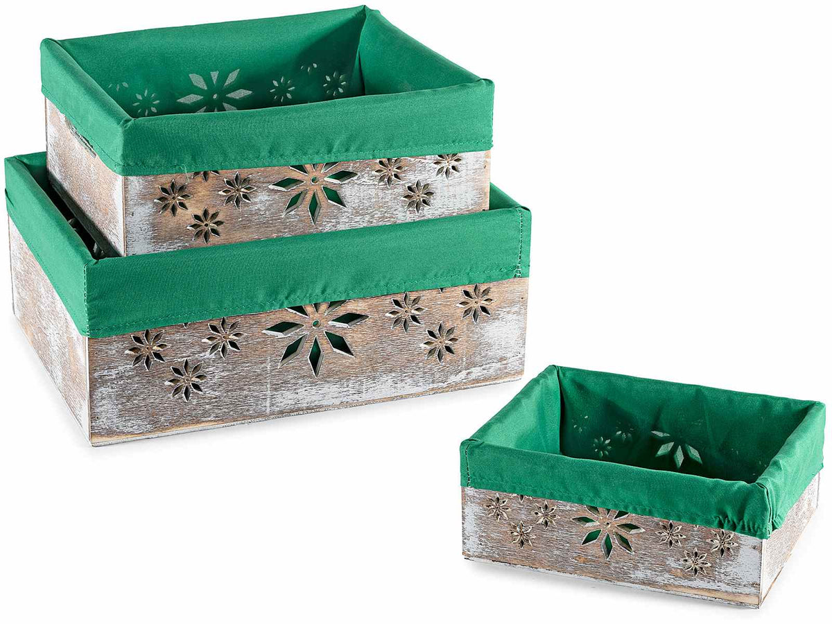 Cestini in legno con intagli fiocchi di neve e stoffa interna verde, Grande: cm 30 x 23 x 12 H