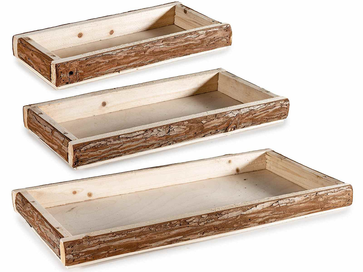 Vassoi rettangolari in legno naturale effetto corteccia, set da 2 pezzi, Grande: cm 48 x 23 x 4 H