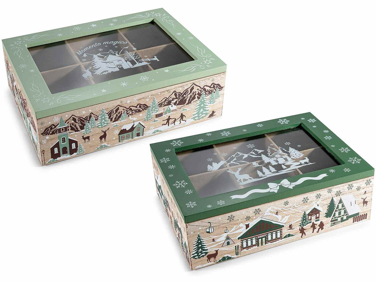 Scatole per té e spezie in legno 6 scomparti e stampa paesaggio natalizio, set da 2 pezzi, cm 23 x 17 x 7,5 H