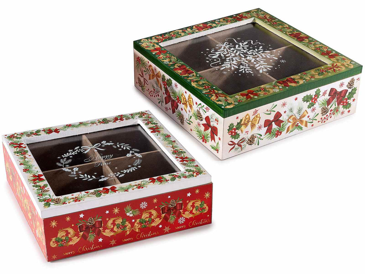 Scatole in legno natalizia per té e spezie con 4 scomparti, set da 2 pezzi, cm 18 x 18 x 6 H