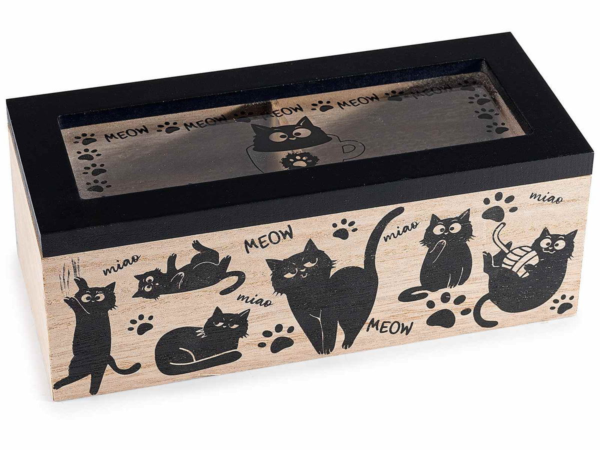 Scatole per té / tisane spezie in legno con 2 scomparti e stampa gatti, set da 4 pezzi, cm 18 x 8 x 7 H