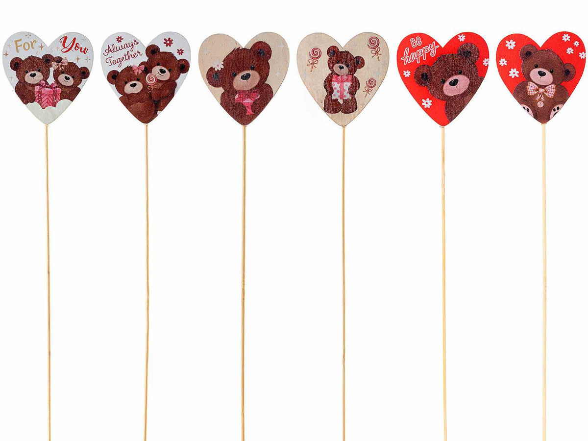 Cuori decorativi in legno con stampa orsetto su stick in legno, set da 36 pezzi, cm 7 H (con stick 34)