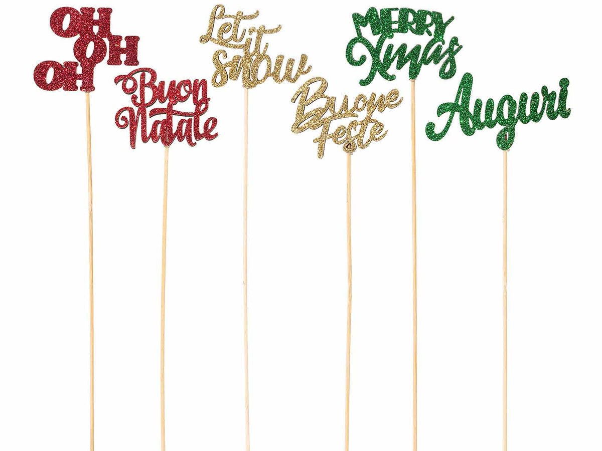 Stick in legno con scritte natalizie colorate con glitter, set da 36 pezzi, cm 5 H (c / stick 30)