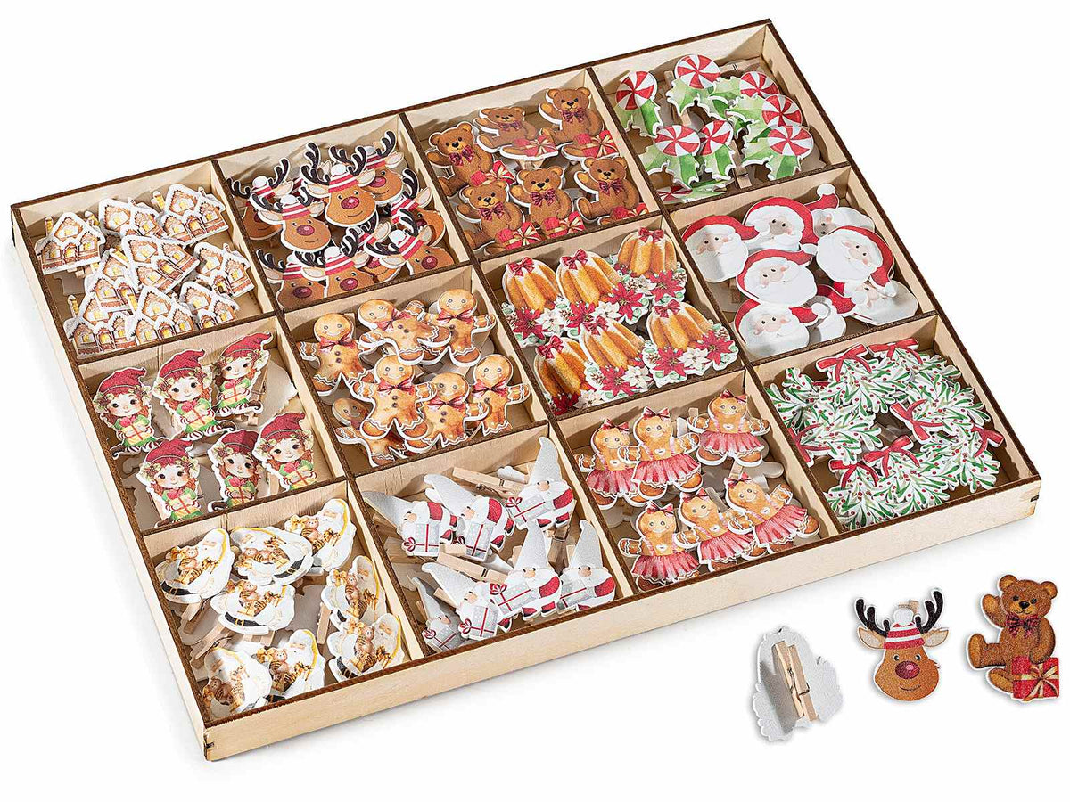 Mollettina natalizie decorate in legno in espositore da 144 pezzi, Orsetto: cm 2,5 x 3,5 H