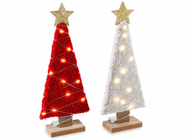 Decoro Albero di Natale in legno effetto lana con luci e stella glitter, set da 2 pezzi, cm 12 x 5 x 31 H