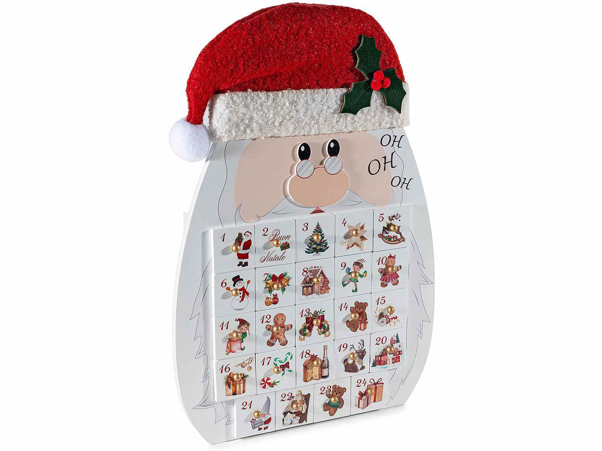 Calendario dell'Avvento in legno a forma di Babbo Natale con 24 cassetti, cm 29 x 7 x 42 H