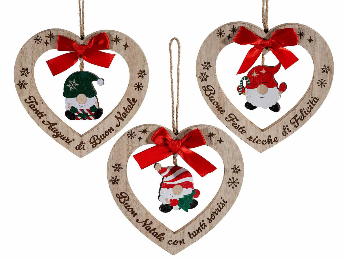 Ghirlanda a cuore in legno da appendere, con decorazione gnomo Natale, scritte, set da 9 pezzi, cm 15 x 15 H